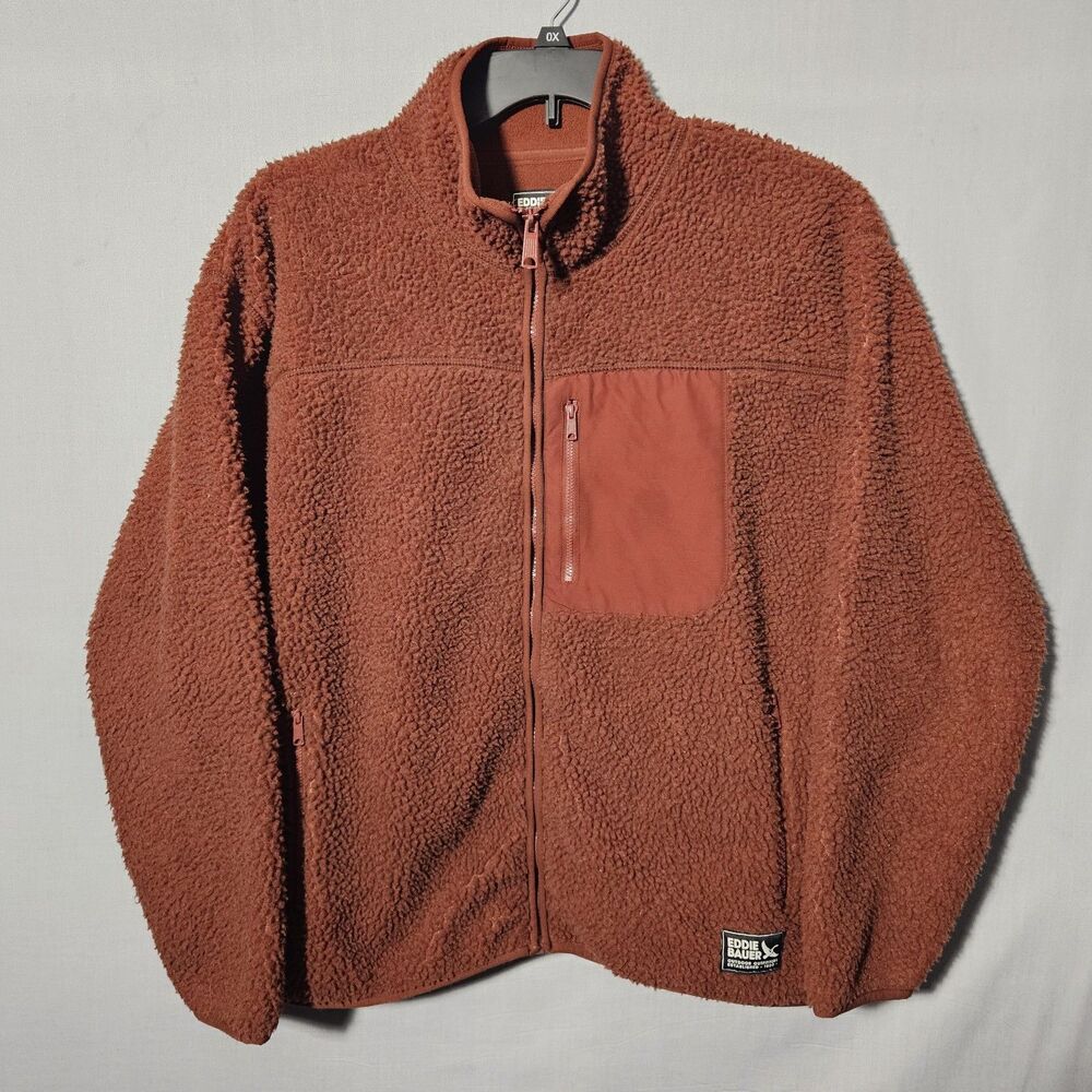 Eddie Bauer Fleece Jacket Chilali Faux Shearling Womens TL Rust Orange Full Zip